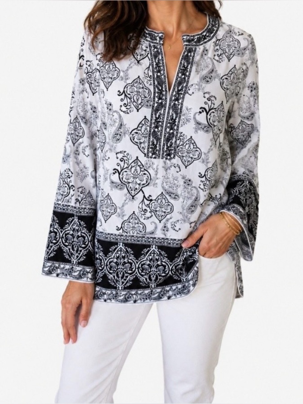 WHBM Paisley Tunic Top Black & White Embroidered Resort Boho Cruise Beach